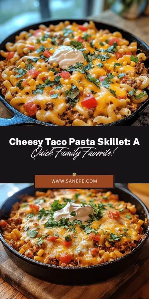 Discover the comforting flavors of Cheesy Taco Pasta Skillet, the perfect one-pan meal for busy weeknights or potlucks! This versatile recipe blends pasta and taco spices, allowing for easy customization with proteins and veggies. Enjoy a hearty dinner ready in no time and perfect for leftovers. Garnish with fresh herbs or avocado for a delightful touch. Get cooking and make mealtime a breeze! #TacoPasta #WeeknightDinner #OnePanMeal #ComfortFood #MealPrep #Foodie