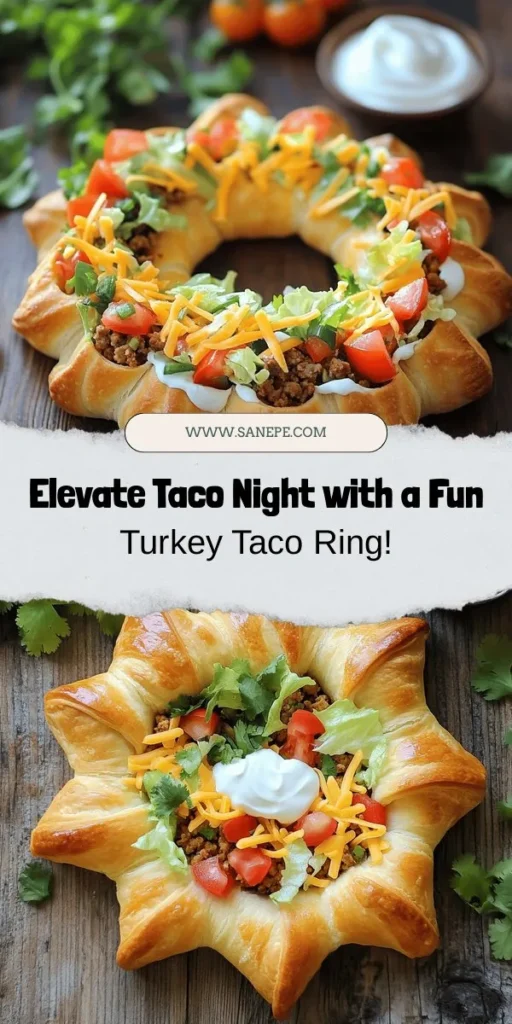 Discover a delicious and family-friendly twist on taco night with this Turkey Taco Ring recipe! This visually stunning dish combines seasoned ground turkey, fresh vegetables, and melty cheese wrapped in flaky crescent roll dough. Perfect for weeknight dinners or game day gatherings, it's easy to customize with your favorite toppings. Bring your family together around this tasty and fun meal everyone will love! #TurkeyTacoRing #TacoNight #FamilyDinner #EasyRecipes #ComfortFood #HealthyEating