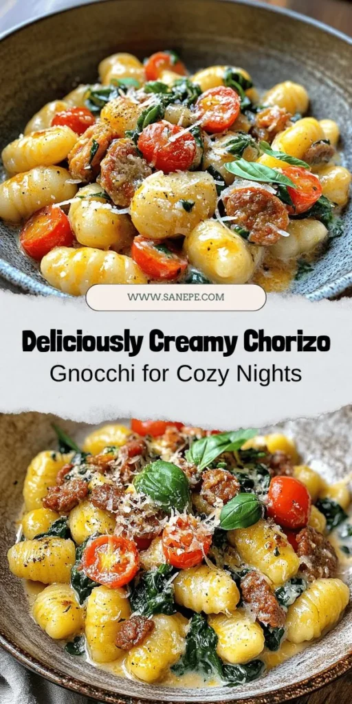 Indulge in the comforting flavors of Creamy Chorizo Gnocchi, a dish that transforms weeknight dinners into gourmet experiences. This recipe combines soft gnocchi with bold chorizo, fresh spinach, and ripe cherry tomatoes in a rich, creamy sauce that's sure to impress. Perfect for any occasion, it allows for easy customization. Dive into this delicious fusion today and savor every bite! #ChorizoGnocchi #ComfortFood #DinnerInspo #FoodieFun #ItalianCuisine #RecipeOfTheDay