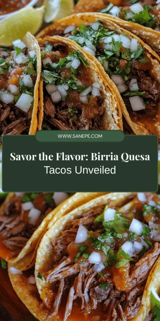 Discover the mouthwatering world of Birria Quesa Tacos, a delicious fusion of tender, slow-cooked meat and gooey cheese wrapped in warm corn tortillas. Rooted in the rich culinary traditions of Jalisco, Mexico, these tacos showcase a perfect blend of spices and flavors that have earned them a special place in contemporary cuisine. Enjoy them at gatherings or food trucks, and embrace a cultural experience in every bite! #BirriaQuesaTacos #MexicanFood #Foodie #TacoLovers #DeliciousEats #CulturalCuisine