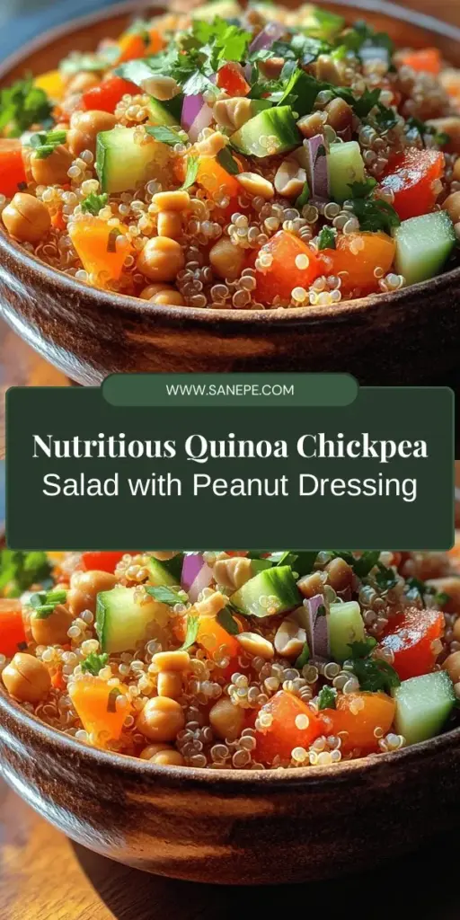 Discover a deliciously healthy Quinoa & Chickpea Salad with Peanut Dressing that's packed with nutrients! This vibrant salad is perfect for a quick lunch, side dish, or potluck delight. Featuring protein-rich quinoa, fiber-filled chickpeas, and fresh vegetables, it's a feast for the senses. The creamy peanut dressing ties it all together, making every bite irresistible. Try this easy-to-make recipe today! #QuinoaSalad #Chickpeas #HealthyEating #PlantBased #SaladRecipes #MealPrep #PeanutDressing