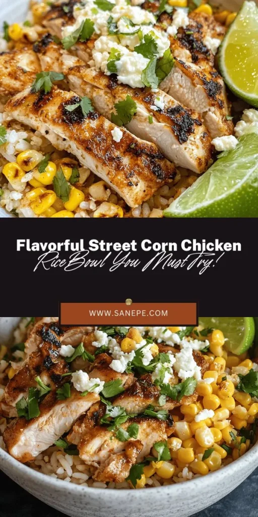 Discover the perfect blend of flavors with this Street Corn Chicken Rice Bowl recipe! This vibrant dish combines succulent chicken thighs, sweet corn, fluffy jasmine rice, and a creamy sauce for a gourmet meal at home. Easy to prepare and incredibly nutritious, it's great for busy weeknights or gatherings. Customize it to fit your dietary needs. Get ready to impress your family and friends with this delicious fusion delight! #StreetCorn #ChickenRiceBowl #FusionFood #EasyRecipe #DeliciousMeals #HealthyEating #WeeknightDinner