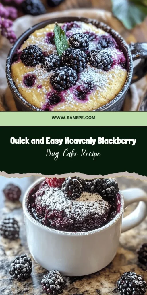 Craving something sweet but short on time? Try this Heavenly Blackberry Mug Cake! This quick and easy dessert takes just minutes to make in your microwave, delivering a warm, indulgent treat perfect for any occasion. With fresh blackberries and simple pantry ingredients, it's a delicious way to satisfy your sweet tooth without any hassle. Customize it with your favorite toppings for an extra special touch! #MugCake #Dessert #Blackberries #QuickRecipes #EasyBaking