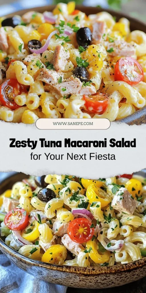 Elevate your next picnic or family gathering with the Zesty Tuna Macaroni Salad Fiesta! This vibrant twist on the classic dish combines elbow macaroni, quality tuna, cherry tomatoes, crunchy celery, black olives, and a creamy, tangy dressing. Packed with flavor and nutrition, this salad is perfect as a main course or side dish. Quick to prepare and delightful to eat, it's sure to become a favorite! #TunaSalad #MacaroniSalad #HealthyEating #PicnicRecipes #SummerRecipes #EasyRecipes