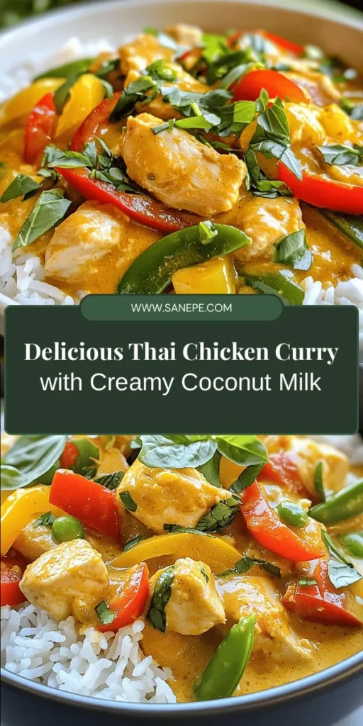 Discover the rich and comforting flavors of Thai Chicken Curry with Coconut Milk! This easy-to-follow recipe beautifully balances sweet, salty, and spicy, making it a perfect dish for any night of the week. With fresh veggies, lean chicken, and aromatic spices, you'll create a meal that's not just delicious but also nutritious. Serve it over jasmine rice for a comforting feast that brings the taste of Thailand to your table! #ThaiCurry #CoconutMilk #ChickenCurry #HomeCooking #RecipeInspiration #FlavorfulMeals #WeeknightDinner