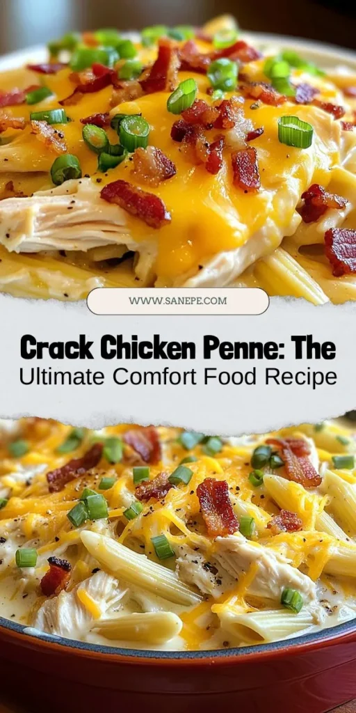 Discover the ultimate comfort food with this delicious Crack Chicken Penne recipe! Perfectly cooked penne pasta is enveloped in a creamy sauce made with chicken, spices, and melty cheese, making it a hit for any family gathering. Easy to prepare and kid-friendly, this dish is sure to please even the pickiest eaters. Try it for a cozy night in or a potluck! #CrackChickenPenne #ComfortFood #PastaRecipes #FamilyDinner #EasyRecipes #YummyFood #CookingAtHome