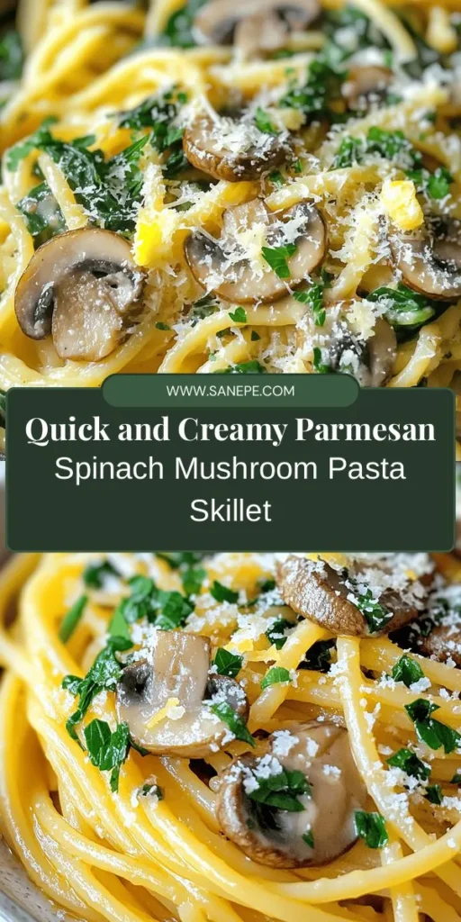 Discover the mouthwatering flavors of Parmesan Spinach Mushroom Pasta Skillet! This creamy dish is ready in just 30 minutes, making it perfect for busy weeknights or impressing guests. Packed with nutritious spinach and mushrooms, it's both satisfying and wholesome. Customize it to your liking with different pasta or proteins. Elevate your dinner with this quick and delicious recipe! #Pasta #QuickDinner #HealthyEating #ComfortFood #MealPrep #Vegetarian #Foodie