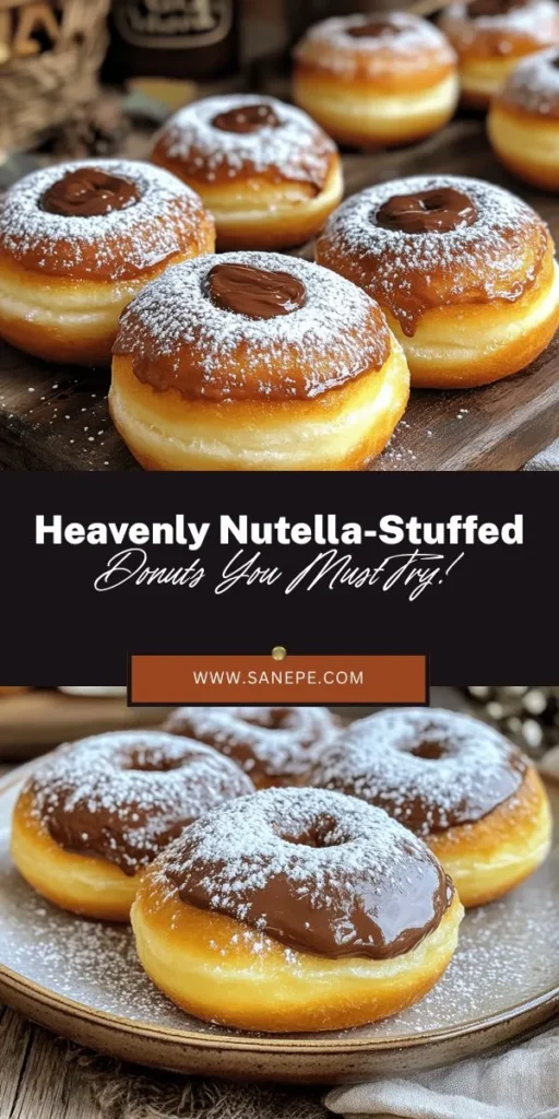 Treat yourself to a heavenly experience with homemade Nutella Stuffed Donuts! Soft, fluffy, and filled with rich Nutella, these pastries are perfect for any occasion. Our easy-to-follow recipe guides you through crafting the perfect dough, shaping, frying, and filling your donuts. Whether for breakfast or dessert, they're sure to impress. Indulge in this delightful treat today! #NutellaDonuts #Baking #DonutRecipe #DessertLovers #HomemadeGoodness #SweetTreats