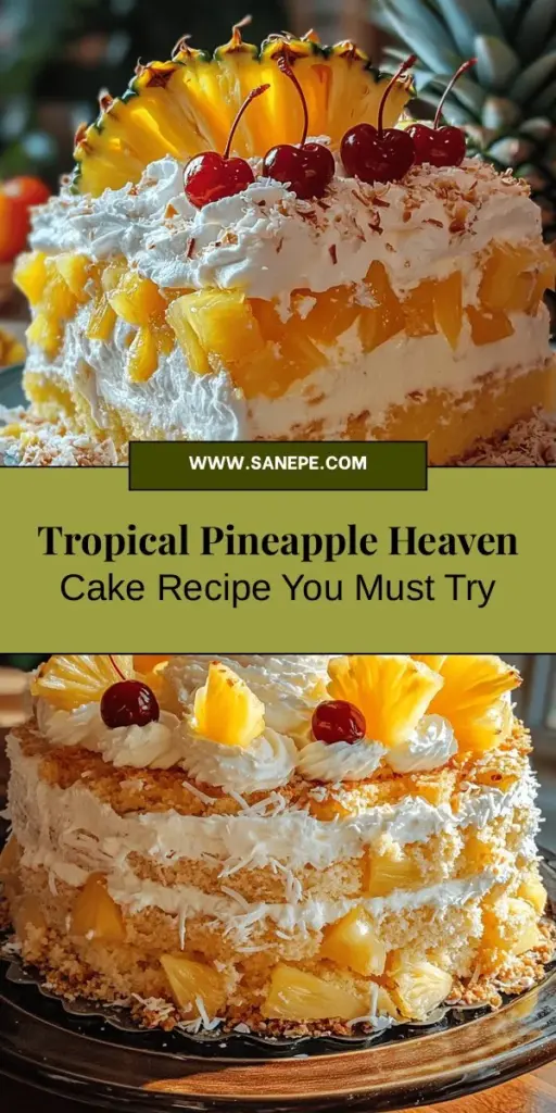 Indulge in a slice of sunshine with the delicious Pineapple Heaven Cake! This tropical treat combines sweet pineapple and coconut for a moist, fluffy dessert perfect for any occasion. Ideal for summer barbecues or special celebrations, it's easy to make and sure to impress. Top it off with whipped cream and fresh fruit for an irresistible finish. Bring a taste of paradise to your gatherings! #PineappleHeavenCake #TropicalDessert #BakingFun #SummerTreats #CakeRecipes