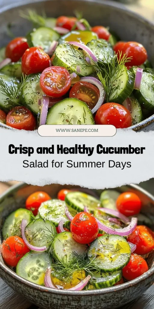 Beat the summer heat with this Refreshing Cucumber Delight salad! Packed with hydrating cucumbers, sweet cherry tomatoes, zesty red onions, and aromatic dill, it’s a vibrant, healthy dish that’s easy to make and perfect for any occasion. Enjoy a burst of flavor with a tangy dressing that complements the fresh ingredients. Whether as a side or a light meal, this salad is sure to impress. Try it today! #SaladRecipe #HealthyEating #CucumberSalad #SummerRecipes #FreshIngredients #Nutrition