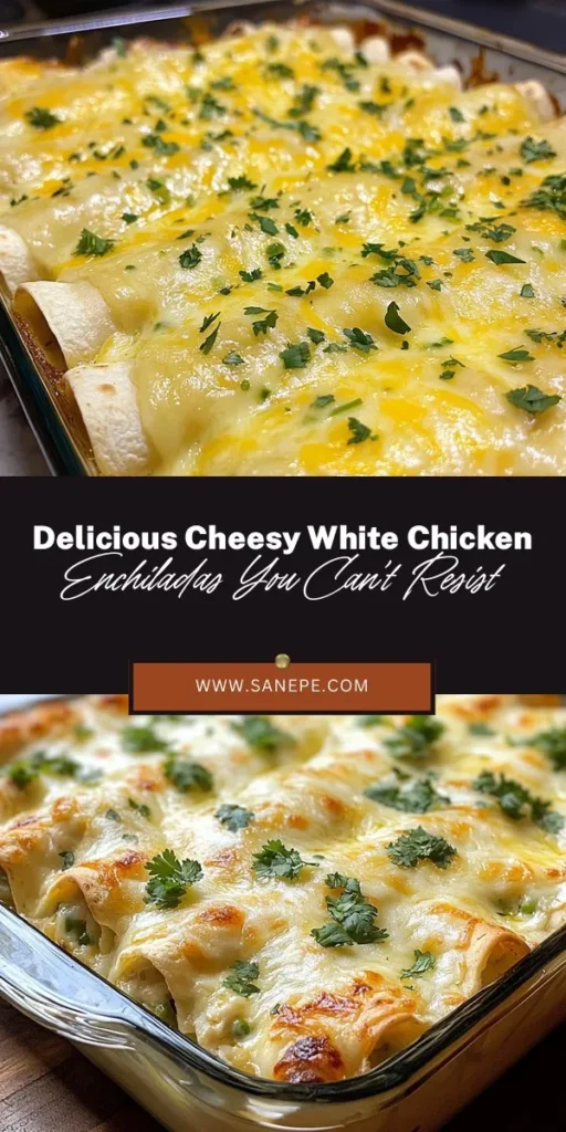 Indulge in the creamy comfort of Cheesy White Chicken Enchiladas! This delightful twist on a classic dish combines tender shredded chicken, a velvety white sauce, and a blend of Monterey Jack and sharp cheddar cheese for a deliciously satisfying meal. Perfect for family gatherings or cozy nights in, these enchiladas are easy to make and packed with flavor. Pair them with Mexican rice or refried beans for a complete feast! #Enchiladas #MexicanCuisine #ComfortFood #CheesyRecipes #DinnerIdeas