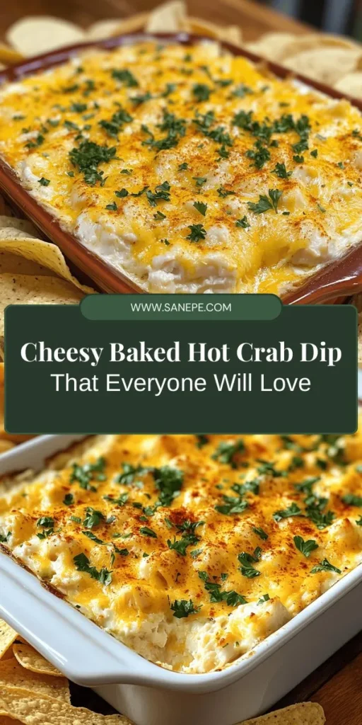 Indulge in the creamy, rich flavors of Cheesy Baked Hot Crab Dip, the perfect appetizer for any gathering! Made with fresh lump crab meat, creamy cheeses, and zesty spices, this crowd-pleaser is easy to prepare and sure to wow your guests. Serve with crispy tortilla chips, toasted baguette slices, or fresh veggie sticks for a delightful experience. Dive into this culinary classic that's perfect for parties or cozy nights in! #CrabDip #AppetizerRecipe #PartyFood #CheesyGoodness #ComfortFood