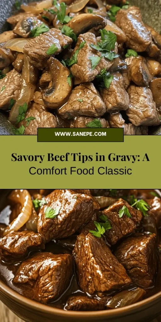 Indulge in the comforting flavors of savory beef tips in rich gravy. Tender beef sirloin simmered in a deeply flavorful gravy made with aromatic onions, garlic, and mushrooms brings warmth to any meal. Perfect for cozy family dinners or festive gatherings, this dish is surprisingly easy to prepare with basic ingredients. Serve over creamy mashed potatoes or rice for a satisfying experience. Discover the joy of home-cooked comfort food that warms the soul! #BeefTips #ComfortFood #HomeCooking #SavoryGravy #DinnerIdeas #FamilyRecipes