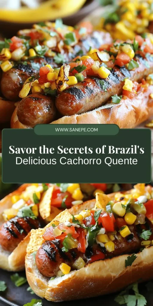 Discover the delicious flavors of Cachorro Quente, Brazil’s unique twist on the classic hot dog! This vibrant street food features a juicy sausage in a soft bun, topped with a zingy vinaigrette, crunchy potato chips, and even sweet bananas. Perfect for gatherings or a casual meal, Cachorro Quente is more than just food; it’s a celebration of Brazilian culture. Try your hand at this delightful dish and experience a culinary adventure! #CachorroQuente #BrazilianCuisine #StreetFood #Foodie #HotDogs #CookingAtHome