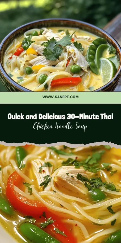 Discover the magic of Thai flavors in just 30 minutes with this quick and easy Thai Chicken Noodle Soup recipe! Packed with tender chicken, aromatic spices, and vibrant vegetables, this nourishing dish is perfect for busy weeknights or lazy lunches. Customize the heat to your liking and enjoy a comforting bowl that's as satisfying to make as it is to eat. Your taste buds will thank you! #ThaiSoup #QuickRecipes #ComfortFood #HealthyEating #30MinuteMeals