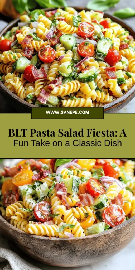 Elevate your summer gatherings with this refreshing BLT Pasta Salad Fiesta! Combining crispy bacon, fresh vegetables, and a creamy dressing, this salad is a delicious twist on the classic BLT. Perfect for picnics, potlucks, or a satisfying lunch, its vibrant colors and flavors will impress your guests. Quick and easy to prepare, it's a versatile dish that can be enjoyed as a main or side. Dive into a bowl of flavor! #BLTPastaSalad #SummerRecipes #EasyCooking #PotluckIdeas #SaladLove #FreshIngredients #Foodie #QuickMeals