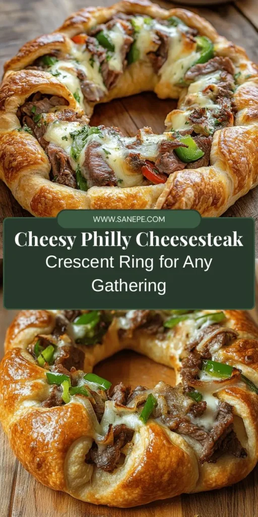 Elevate your comfort food game with this Philly Cheesesteak Crescent Ring! This easy-to-make dish combines tender ribeye steak, melted provolone and mozzarella, and sautéed veggies, all wrapped in flaky crescent dough. Perfect for gatherings or family dinners, it's a visually stunning and delicious twist on the classic cheesesteak. Impress your guests and satisfy cravings effortlessly. Try it today! #PhillyCheesesteak #ComfortFood #CrescentRing #RecipeIdeas #FoodieFun #ShareableMeals