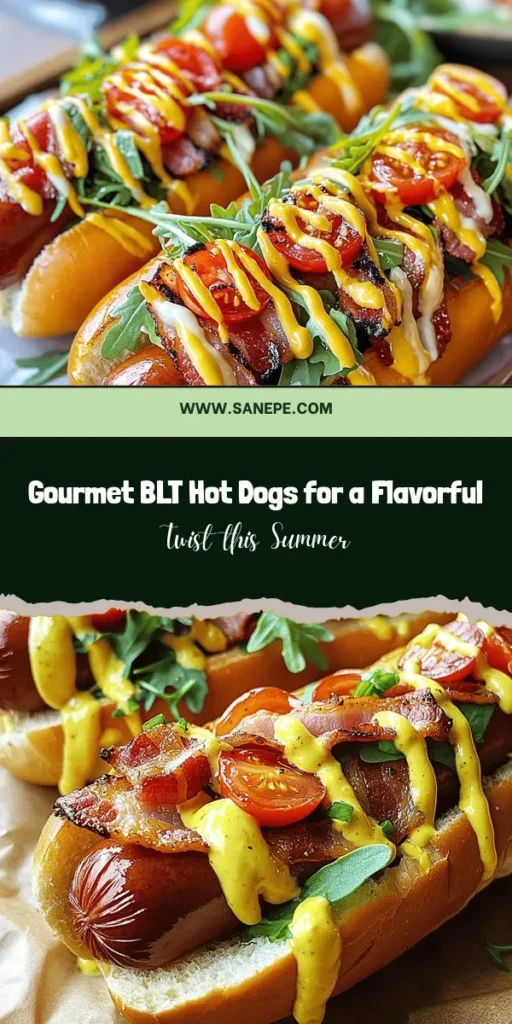 Elevate your summer cookouts with Gourmet BLT Hot Dogs, a delicious fusion of classic BLT flavors and hot dog comfort. Perfect for any gathering, these gourmet dogs feature high-quality sausages, crispy thick-cut bacon, fresh greens, and vibrant cherry tomatoes, all nestled in a soft brioche bun. Don't forget the zesty mayo dressing for the ultimate taste experience. Impress your guests with this easy yet elegant dish! #GourmetHotDogs #BLT #SummerRecipes #ComfortFood #FoodieFun #BBQIdeas #DeliciousEats