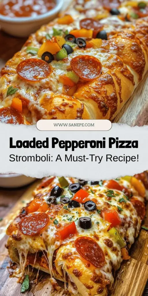 Discover the amazing flavor of Tremendous Loaded Pepperoni Pizza Stromboli! This Italian-American dish fuses cheesy goodness, spicy pepperoni, and colorful veggies wrapped in a crispy crust. Perfect for game nights or family dinners, it's easy to make and even easier to share. Elevate your meals with this delightful recipe that everyone will love. Try it today! #Stromboli #PizzaLovers #ComfortFood #FamilyDinner #ItalianCuisine #EasyRecipes #GameNightTreats