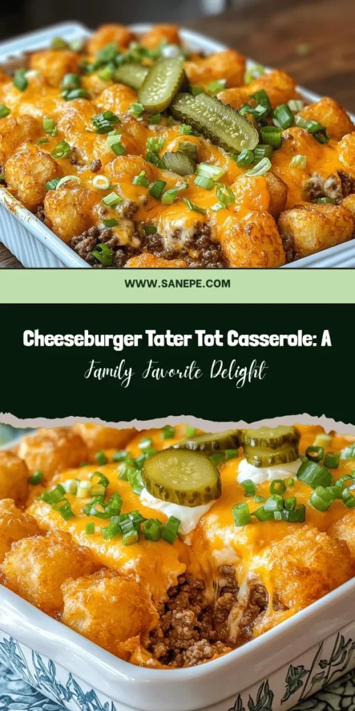 Dive into comfort food with this mouthwatering Cheeseburger Tater Tot Casserole! Combining seasoned ground beef, creamy cheese, and crispy tater tots, this dish is perfect for family dinners or gatherings. Easy to prepare and endlessly customizable, it promises a satisfying meal that everyone will love. Don't miss out on this cozy classic that brings flavor and fun to your table. #Casserole #ComfortFood #FamilyDinner #EasyRecipes #TaterTots #CheeseburgerCasserole