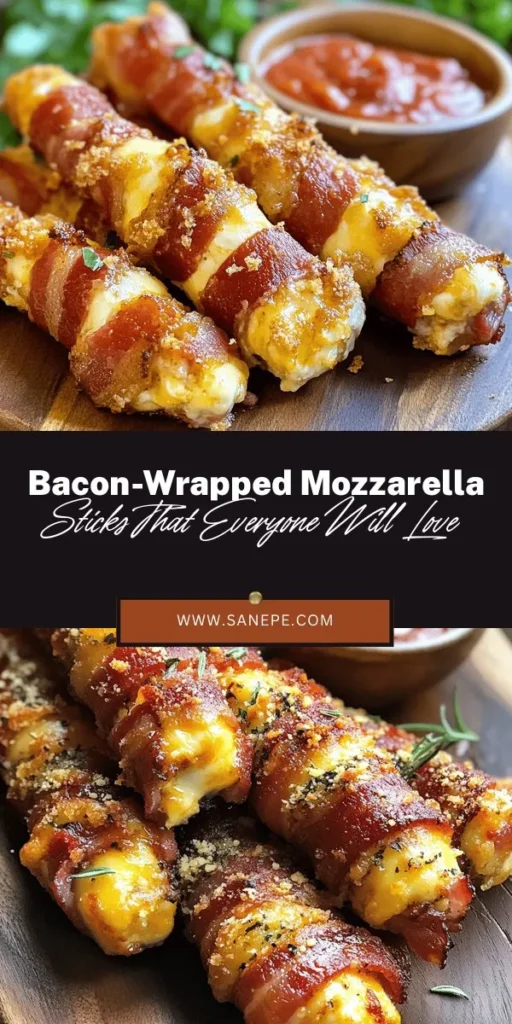 Discover the ultimate appetizer with these irresistible bacon-wrapped mozzarella sticks! Crunchy bacon and oozy mozzarella create a deliciously satisfying treat perfect for game day, parties, or casual get-togethers. This easy recipe guides you through preparing these indulgent snacks, from freezing the cheese for that perfect melt to creating a flavorful crispy coating. Don't miss out on this crowd-pleaser! #BaconWrapped #MozzarellaSticks #AppetizerIdeas #PartyFood #CheeseLovers #GameDayEats #DeliciousRecipes