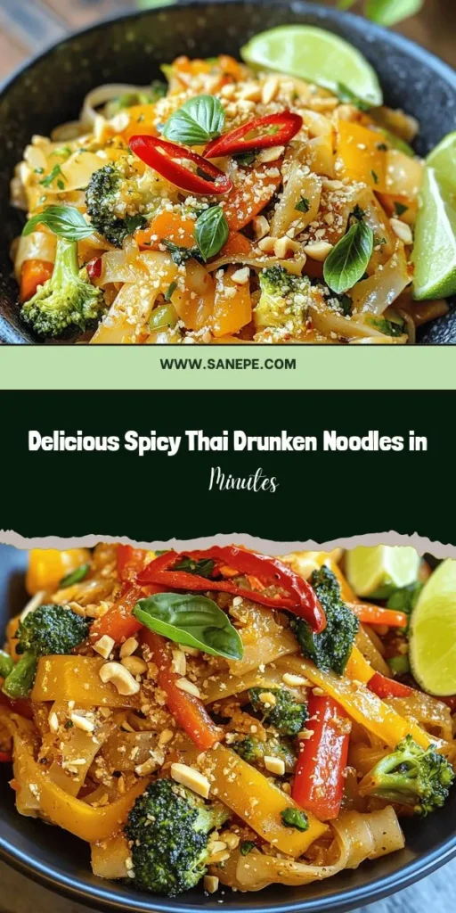 Discover the vibrant flavors of Spicy Thai Drunken Noodles, a popular dish that brings the essence of Thai street food right to your kitchen. This quick and easy recipe combines wide rice noodles, fresh veggies, and your choice of protein, all tossed in a savory sauce. Perfect for busy nights, it can be customized to suit any dietary preference. Indulge in the delightful taste of this spicy, aromatic meal that will impress your family and friends! #DrunkenNoodles #ThaiFood #PadKeeMao #QuickRecipes #SpicyNoodles #Foodie #Yum #HomeCooking