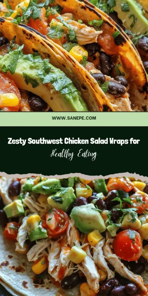 Discover the deliciousness of Zesty Southwest Chicken Salad Wraps! This colorful dish combines shredded chicken, protein-rich black beans, and vibrant veggies, all tossed in a tangy dressing. Perfect for lunch, picnics, or dinner, these wraps pack nutrients and flavor in every bite. Plus, they're easy to customize for dietary preferences. Try them out and enjoy a quick, healthy meal! #HealthyRecipes #ChickenWraps #MealPrep #Nutrition #SouthwestFlavors #YummyEats