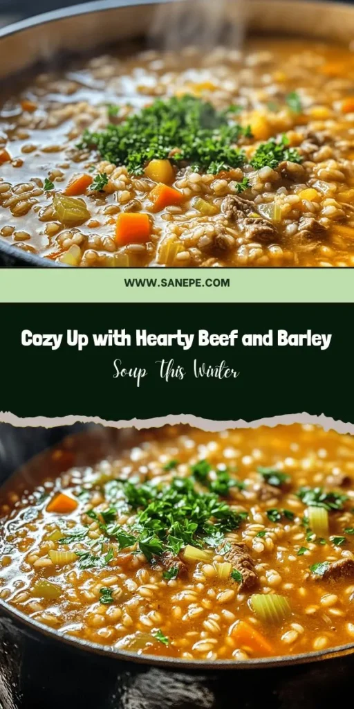 Warm up your winter nights with a bowl of Hearty Beef and Barley Soup! This comforting dish is a blend of savory beef, nutritious barley, and flavorful veggies, creating a filling meal that's perfect for family gatherings. Not only is it delicious, but it's also packed with protein, fiber, and essential vitamins. Easy to make, it's a staple recipe that brings warm memories and nourishes the soul. Discover the recipe today! #BeefAndBarleySoup #ComfortFood #HealthyEating #WinterRecipes #HomemadeSoup