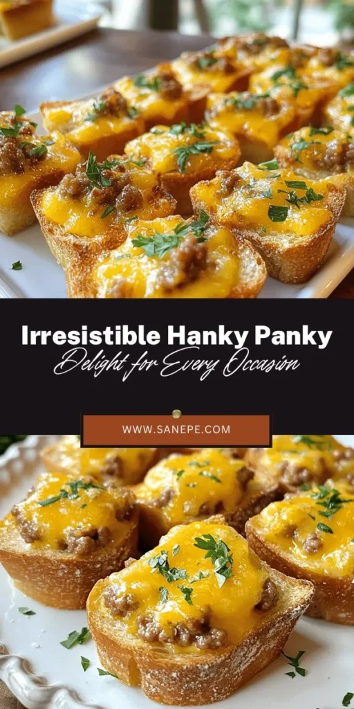 Discover the irresistible Hanky Panky Delight, a savory appetizer that blends ground beef, breakfast sausage, and melted cheddar cheese on toasted rye cocktail bread. Perfect for parties, potlucks, and gatherings, it's easy to prepare and a hit with guests! Learn the history, essential ingredients, and step-by-step instructions to create this crowd-pleaser. Elevate your appetizer game with this delightful dish! #Appetizer #HankyPankyDelight #PartyFood #SavoryRecipes #CheesyGoodness