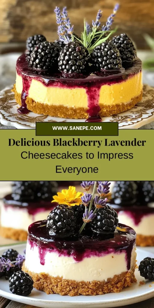 Discover a delicious twist on a classic dessert with Blackberry Lavender Cheesecakes! This recipe combines the creamy richness of traditional cheesecake with tart blackberries and fragrant lavender for an unforgettable flavor experience. Perfect for special occasions or a sweet ending to any meal, these cheesecakes are as beautiful as they are tasty. Try making them at home and impress your friends and family! #Cheesecake #Dessert #Baking #BlackberryLavender #HomemadeDelights