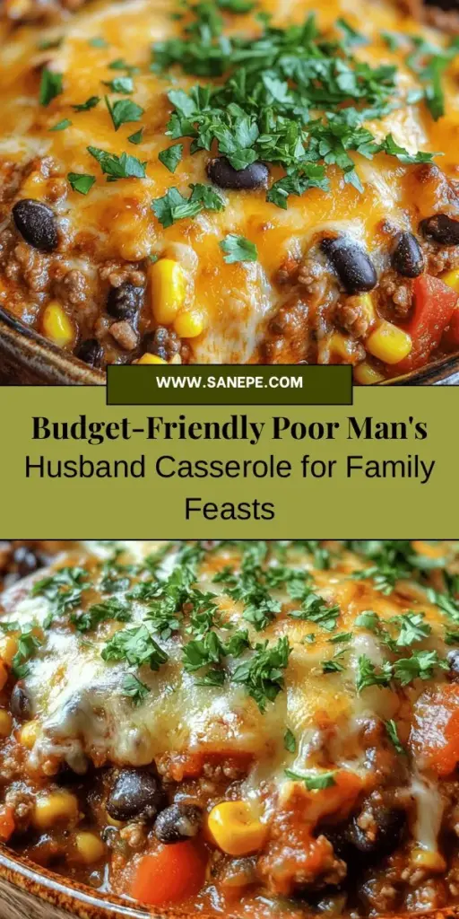 Discover a delicious and budget-friendly comfort food with Poor Man's Husband Casserole! This hearty meal features a delightful mix of ground meat, black beans, corn, and rice, all topped with melted cheddar cheese. Easy to prepare, it's perfect for family dinners or potlucks. Enjoy a satisfying dish that celebrates simple, economical cooking. Get the recipe now and bring warmth to your table! #ComfortFood #Casserole #BudgetCooking #FamilyMeals #EasyRecipes