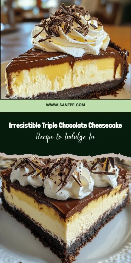 Indulge in a chocolate lover's dream with our Decadent Triple Chocolate Cheesecake! This rich dessert features dark, milk, and white chocolate for a heavenly experience that will impress everyone at your gathering. Discover how to create a scrumptious chocolate graham cracker crust, a smooth and creamy filling, and perfect layers that will elevate any occasion. Get ready to savor every bite! #ChocolateCheesecake #DessertGoals #BakingLove #IndulgeYourSweetTooth #CheesecakeLovers #RecipeOfTheDay