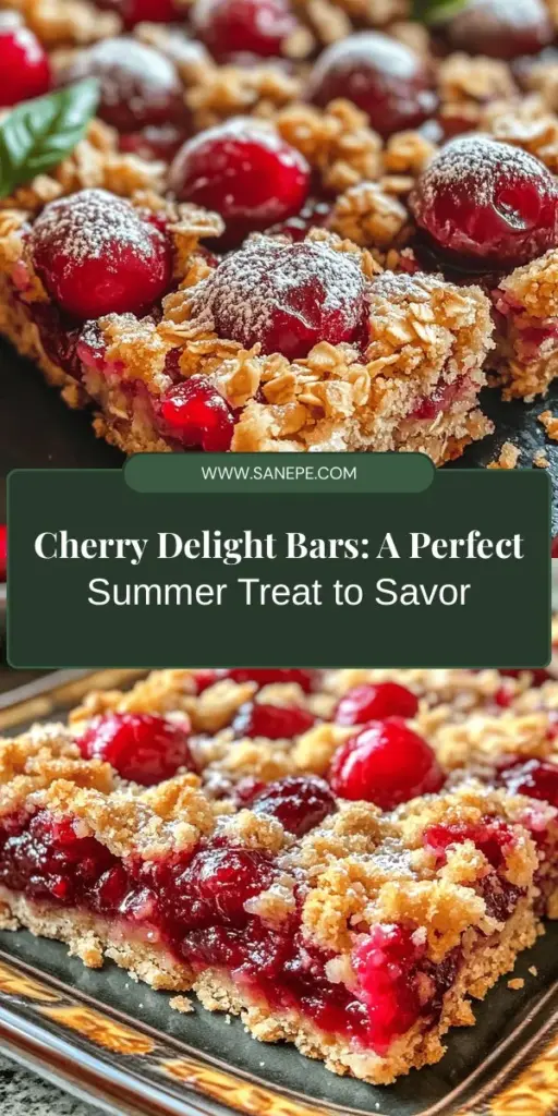 Satisfy your sweet tooth with these delicious Cherry Delight Bars! Perfect for any occasion, these bars feature sweet and tart cherries in a buttery crust topped with a crumbly oat mixture. Whether you use fresh or frozen cherries, they’re easy to make and full of flavor. Indulge in this delightful dessert that brings the essence of summer to your table all year round. Enjoy a slice of happiness! #CherryDelight #DessertRecipe #BakingJoy #SweetTreats #SummerFlavors #CherryDesserts