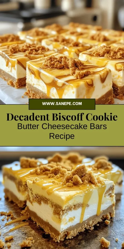 Satisfy your sweet cravings with these irresistible Biscoff Cookie Butter Cheesecake Bars! Combining creamy cheesecake with the spiced flavor of Biscoff cookies, these bars feature a crunchy cookie crust and a smooth filling. Perfect for gatherings or a cozy night in, this dessert is easy to make and sure to impress. Dive into the magic of Biscoff and treat yourself today! #Biscoff #CookieButter #CheesecakeBars #DessertRecipes #BakingJoy #SweetTreats #Indulgence #Yummy