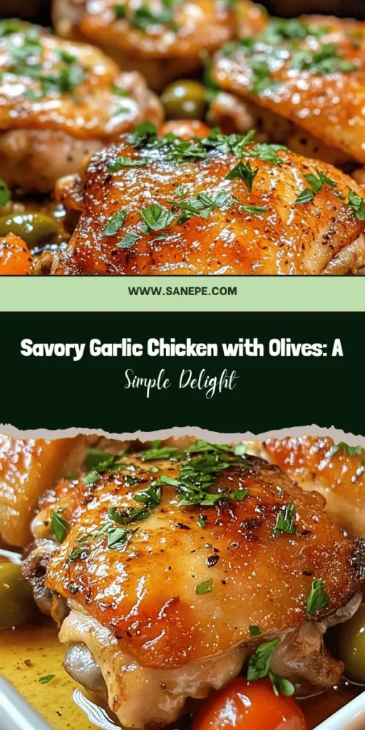 Discover the incredible flavors of Savory Garlic Chicken with Olives, a delicious dish perfect for any occasion. Tender chicken thighs infused with garlic and briny olives create a mouthwatering experience. Pair it with crusty bread, rice, or pasta for a fulfilling meal. Plus, it’s easy to make! Dive into this recipe and impress your family and friends. #GarlicChicken #SavoryRecipes #EasyCooking #CookingAtHome #Olives #WeeknightDinner #Foodie