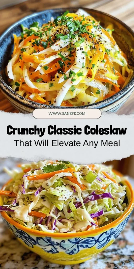 Freshen up your meals with this Crunchy Classic Coleslaw recipe! Packed with crisp green and red cabbage, sweet carrots, and a tangy dressing, this dish is the perfect side for barbecues, picnics, or tacos. Easy to customize with your favorite ingredients, coleslaw not only adds vibrant color to your plate but also brings a delightful crunch. Enjoy the nutritional benefits of this refreshing classic today! #Coleslaw #SideDish #HealthyEating #SummerRecipes #CookingAtHome