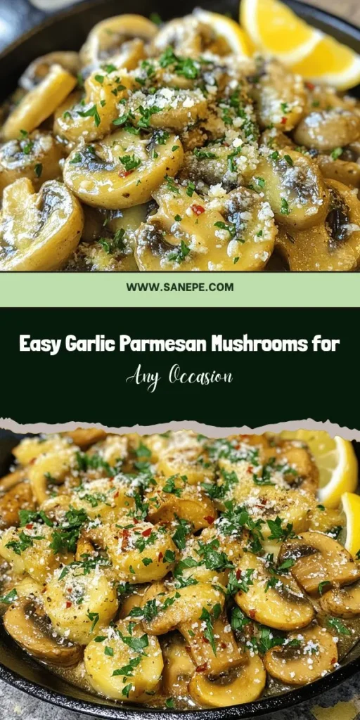 Discover the delightful flavors of Garlic Parmesan Mushrooms! This versatile dish is perfect as a side, topping for steak, or a delicious addition to your pasta. With just a few ingredients and under 30 minutes of preparation, you can impress family and friends with this gourmet experience. Packed with vitamins and minerals, these mushrooms are both tasty and healthy. Try it today for a simple yet satisfying meal! #GarlicParmesanMushrooms #EasyRecipes #HealthyEating #MushroomRecipes #QuickMeal #Foodie