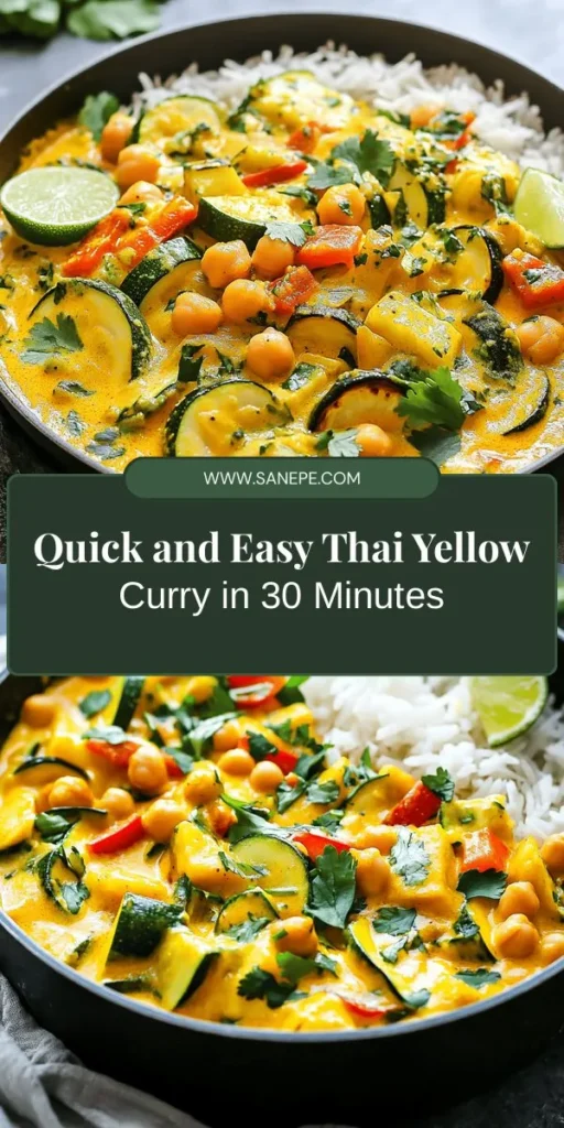 Experience the vibrant flavors of Thailand with this Easy 30-Minute Thai Yellow Curry! This quick recipe is perfect for busy lifestyles, bringing together nutrient-rich vegetables and plant-based proteins in a creamy coconut milk base. Enjoy the warm, mild taste that appeals to everyone, making it a versatile dish for vegetarians and vegans alike. Discover the joy of cooking this delicious curry tonight! #ThaiCurry #QuickRecipes #HealthyEating #PlantBased #CoconutMilk #EasyMeals #30MinuteMeals #VeganRecipes