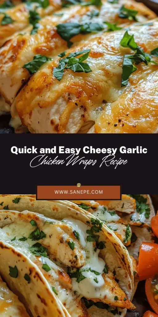 Discover the ultimate recipe for Cheesy Garlic Chicken Wraps, perfect for any occasion! Enjoy the delightful combination of tender chicken, savory garlic, and creamy cheese all wrapped up in a soft tortilla. This easy-to-make dish is perfect for meal prep or impressing guests with its delicious flavors. Customize it with your favorite veggies or proteins for a personal touch. Check out this simple guide for preparation, assembly, and serving tips to make the perfect wraps! #ChickenWraps #EasyRecipes #MealPrep #DinnerIdeas #Foodie #ComfortFood #WrapRecipe