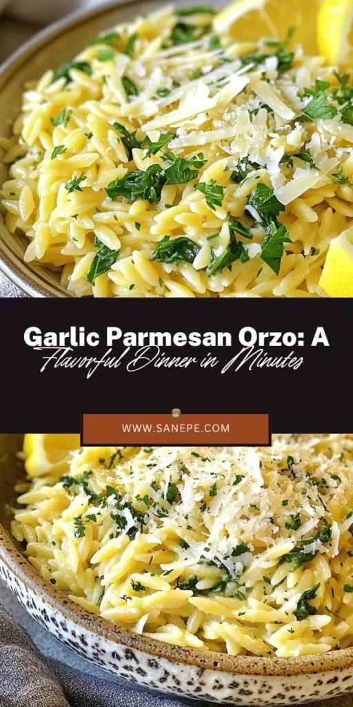 Discover the deliciousness of Garlic Parmesan Orzo Delight, a quick and flavorful dish featuring orzo pasta, aromatic garlic, and rich Parmesan cheese. This recipe is perfect for busy weeknights or special occasions, delivering vibrant flavors with minimal effort. Learn how to craft this indulgent yet accessible meal that’s sure to impress family and friends. Ideal with fresh spinach and herbs, it’s a healthy addition to any dinner table. #GarlicParmesanOrzo #PastaRecipes #EasyDinner #ComfortFood #CookingAtHome