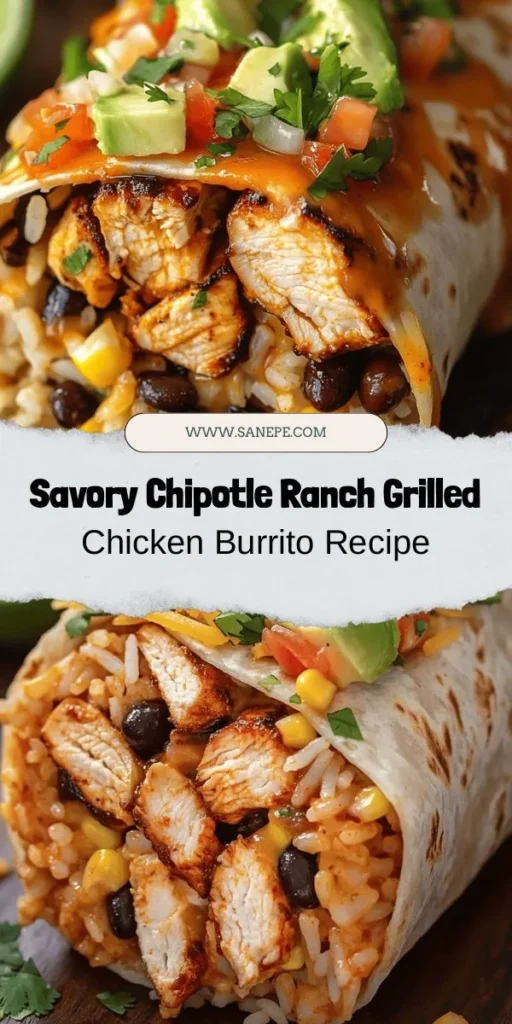 Savor the ultimate flavor explosion with our Chipotle Ranch Grilled Chicken Burrito! Combining smoky chipotle with creamy ranch, this burrito is a delightful mix of grilled chicken, fresh veggies, rice, and black beans, all wrapped in a soft tortilla. Perfect for weeknight dinners or casual gatherings, it's customizable to suit any taste. Try it today and elevate your meal game! #ChipotleRanch #GrilledChicken #BurritoRecipe #HealthyEating #MealPrep #Foodie #DeliciousMeals