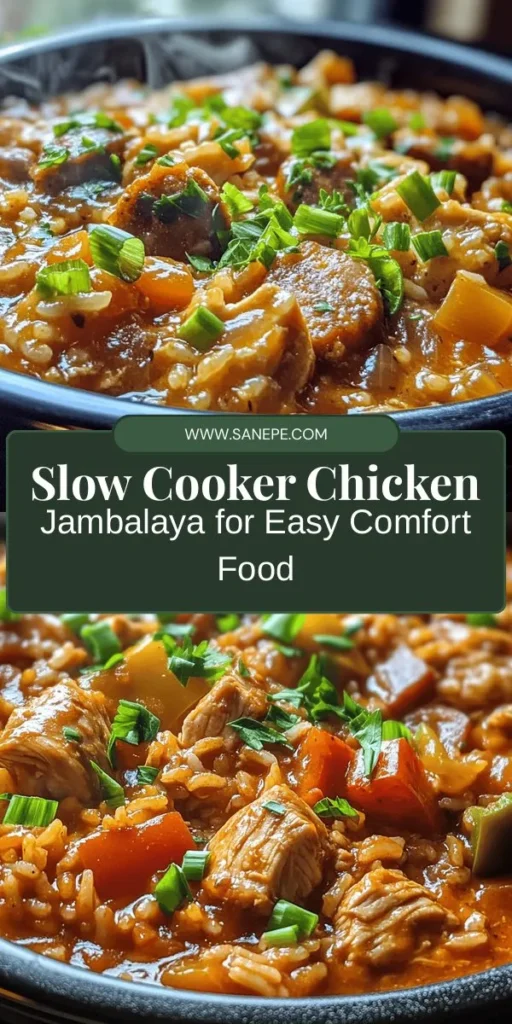 Looking for a delicious and hearty meal that captures the essence of Southern cooking? Try this Slow Cooker Chicken Jambalaya Delight! This one-pot dish blends succulent chicken, savory sausage, aromatic vegetables, and bold spices, cooking to perfection in your slow cooker. Perfect for busy nights or family gatherings, it delivers depth of flavor with minimal effort. Discover the joy of effortless Cajun cooking today! #Jambalaya #SlowCookerRecipes #SouthernCooking #ComfortFood #OnePotMeals #CajunCuisine