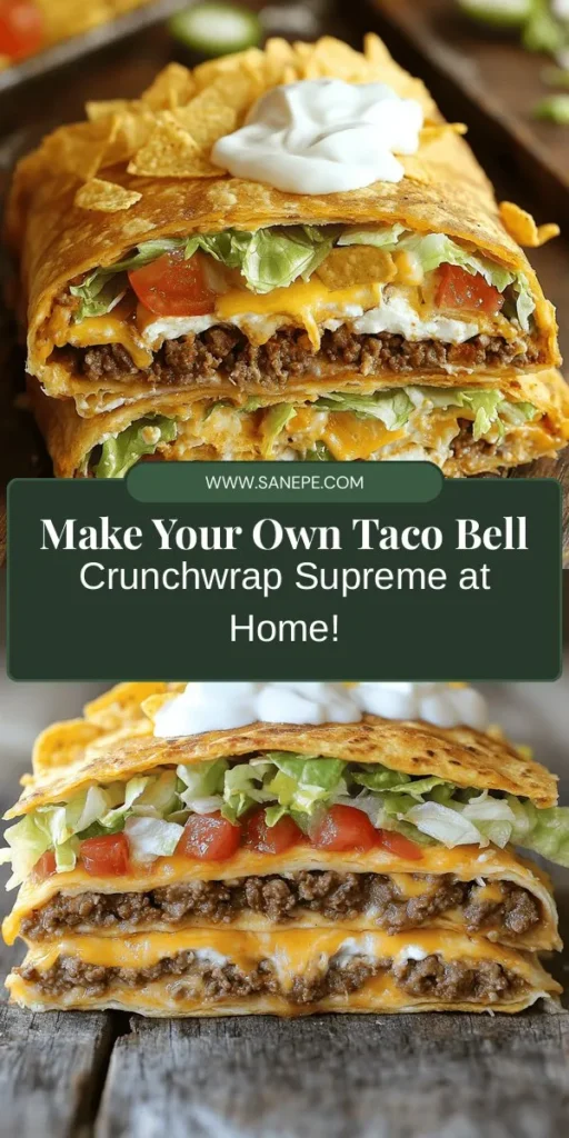 Reimagine the classic Taco Bell Crunchwrap Supreme right in your kitchen with this easy copycat recipe! Enjoy the layered goodness of seasoned ground beef, crispy tortilla chips, fresh veggies, and cheese, all wrapped in a warm tortilla. This dish is not only customizable for your tastes but also a fun family activity. Dive into fast-food nostalgia while saving money and making healthier choices. Get cooking today! #CrunchwrapSupreme #CopycatRecipe #TacoBell #Homemade #CookingFun #FamilyMeals #Foodie #Delicious