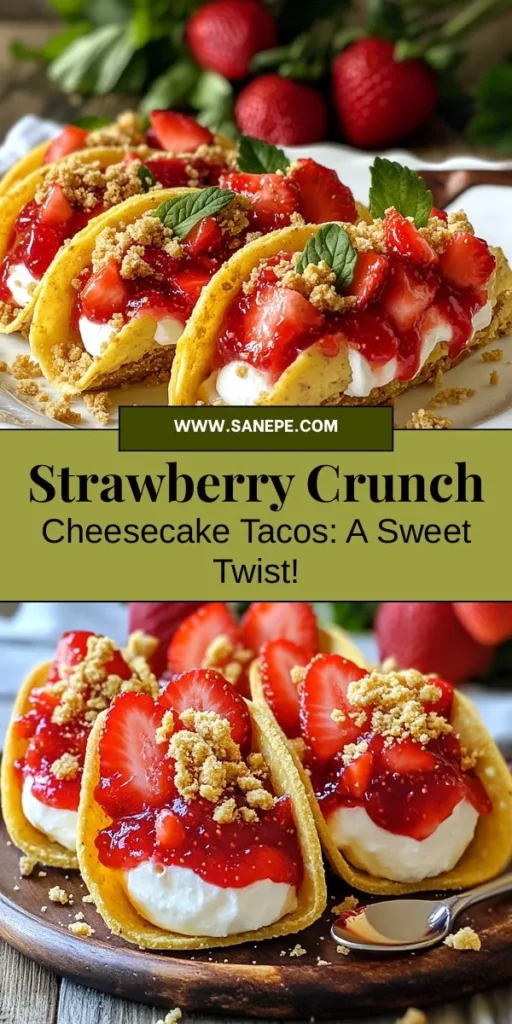 Discover the fun and delicious Strawberry Crunch Cheesecake Tacos! This innovative dessert blends creamy cheesecake filling with a crunchy graham cracker shell, all topped with fresh strawberries for a delightful treat. Perfect for any occasion, these tacos are as pleasing to the eye as they are to the palate. Give this unique recipe a try and impress your guests with this stunning fusion of flavors! #DessertTacos #Cheesecake #StrawberryDessert #InnovativeSweets #BakingDelights