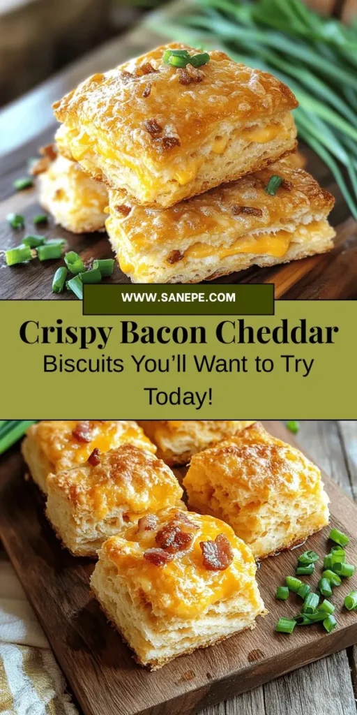 Indulge in the savory goodness of homemade Crispy Bacon Cheddar Biscuits! These flaky delights combine crispy bacon and sharp cheddar cheese for a perfect twist on traditional biscuits. Ideal for breakfast, brunch, or as a delicious side, these biscuits are easy to make from scratch and will fill your kitchen with an irresistible aroma. Enjoy them warm and fresh, or get creative with leftovers! #BaconCheddarBiscuits #HomemadeBiscuits #ComfortFood #Baking #RecipeIdeas #Foodie