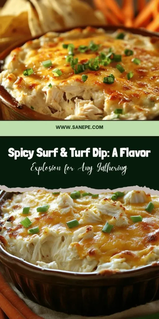 Elevate your appetizer game with the Spicy Surf & Turf Dip Delight! This creamy, flavorful dip combines zesty Buffalo chicken with luxurious lump crab meat, creating a mouthwatering experience that will please any crowd. Perfect for game days, parties, or family gatherings, serve it warm or chilled with tortilla chips, veggies, or baguette slices. Get ready to wow your guests with this ultimate dip! #SurfAndTurf #Appetizers #DipRecipes #PartyFood #FoodieFun #CookingInspiration #Yummy