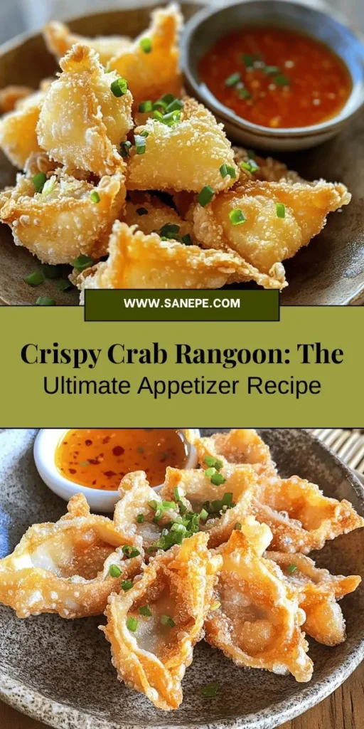 Discover the irresistible flavors of Crispy Crab Rangoon Delight, an American-Chinese favorite that's perfect for any occasion! These delectable appetizers blend creamy crab and rich cream cheese in a crispy wonton shell, creating a satisfying crunch with every bite. Ideal for parties, game nights, or as a tasty snack, our simple recipe ensures perfect results every time. Get ready to impress your guests! #CrabRangoon #Appetizers #PartyFood #HomemadeDelights #YummySnacks #CrispyGoodness