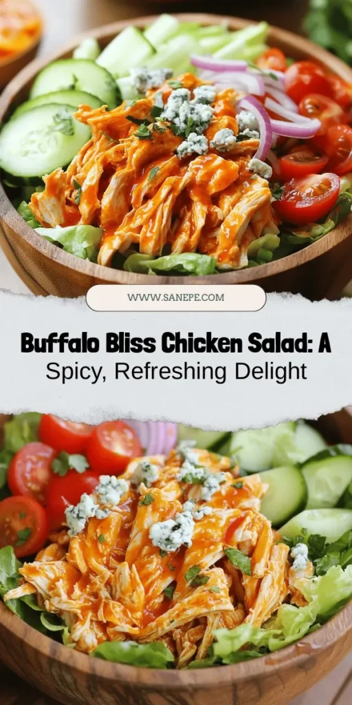 Discover the perfect blend of spice and freshness with Buffalo Bliss Chicken Salad! This healthy, flavorful dish features tender shredded chicken in zesty buffalo sauce, combined with crisp romaine lettuce, juicy cherry tomatoes, and crunchy cucumbers. Ideal for a quick lunch or a dinner party, this versatile salad can cater to any taste. Customize it with your favorite dressings or add-ins for a delicious twist. Try this recipe today! #BuffaloChickenSalad #HealthyEating #MealPrep #SaladRecipe