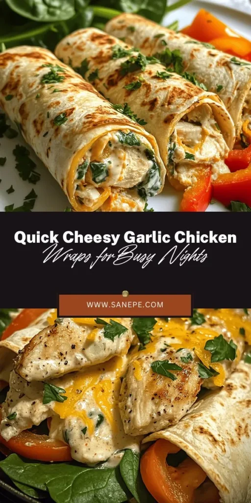 Looking for a quick and delicious meal? Try making Cheesy Garlic Chicken Wraps! These wraps combine tender chicken, creamy cheeses, and fresh veggies, making them perfect for busy weeknights or casual gatherings. With just a few simple ingredients, you can whip up a satisfying dish in under 30 minutes. Customize them to fit your dietary needs and serve with your favorite dipping sauces. Enjoy a burst of flavor in every bite! #CheesyGarlicChickenWraps #EasyMeals #QuickDinner #YummyFood #HealthyEating #ComfortFood