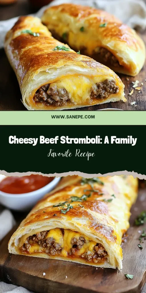 Dive into the comforting world of Cheesy Beef Stromboli, a delightful rolled sandwich packed with seasoned ground beef and a blend of gooey cheeses. Perfect for family dinners or game day, this dish is as customizable as it is delicious—add veggies or switch up your cheese for a personal touch! Serve with your favorite dipping sauces and enjoy every cheesy bite. Try making it today! #Stromboli #CheesyBeef #ComfortFood #HomemadeDelight #FamilyMeals #ItalianCuisine